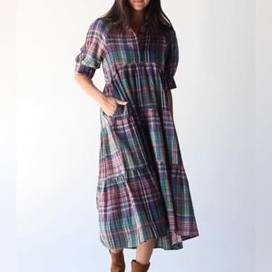 NEW! Natural Life flannel Rebecca Dress Midi Rainbow plaid size medium hi-low
